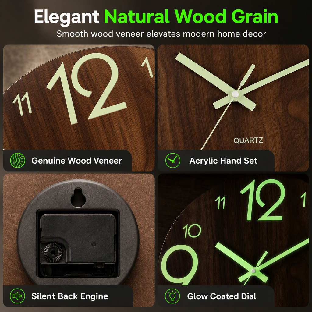 📢📢50% OFF !! ⏰12-Inch Silent Wooden Wall Clock – Luminous Glow & MDF Wood Grain✨