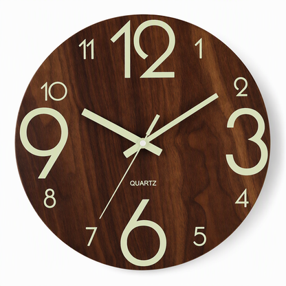 📢📢50% OFF !! ⏰12-Inch Silent Wooden Wall Clock – Luminous Glow & MDF Wood Grain✨