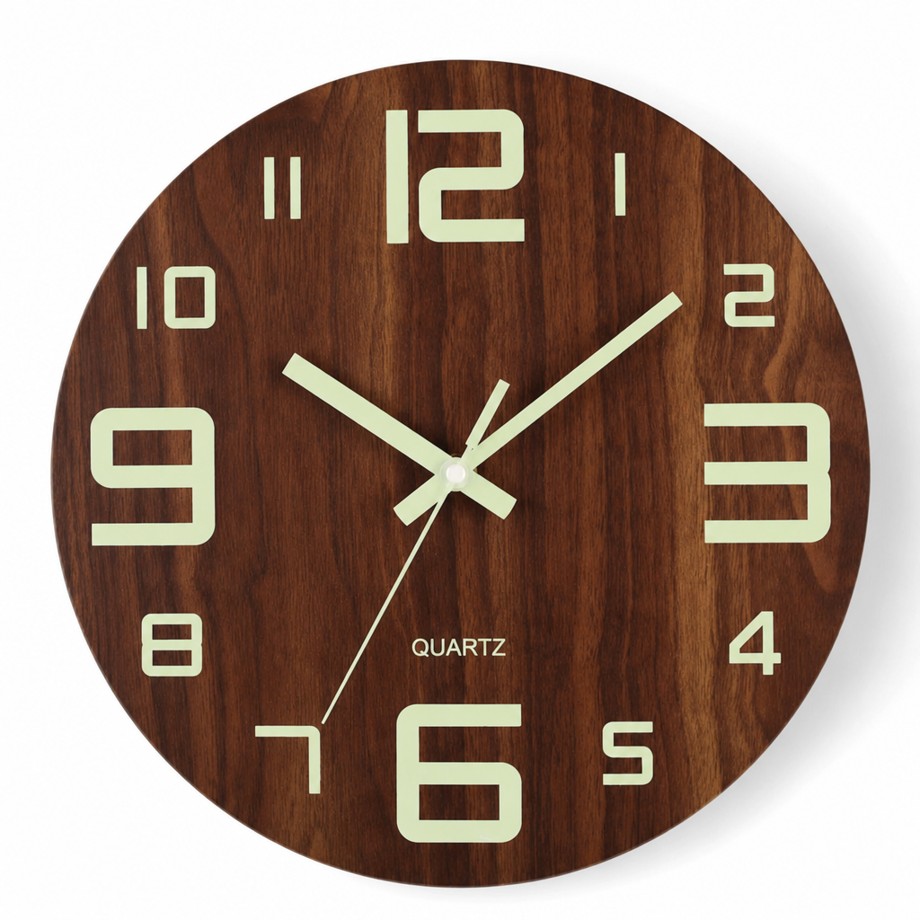 📢📢50% OFF !! ⏰12-Inch Silent Wooden Wall Clock – Luminous Glow & MDF Wood Grain✨