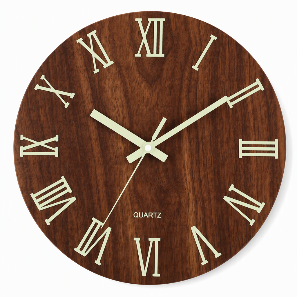 📢📢50% OFF !! ⏰12-Inch Silent Wooden Wall Clock – Luminous Glow & MDF Wood Grain✨
