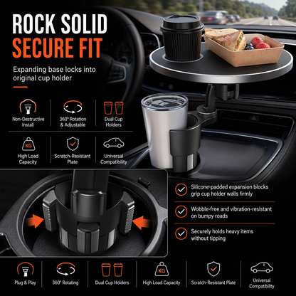 Multifunctional 360 Degree Rotating Car Cup Holder and Food Tray Table Non Slip Wear Resistant Extended Vehicle Dining Tray