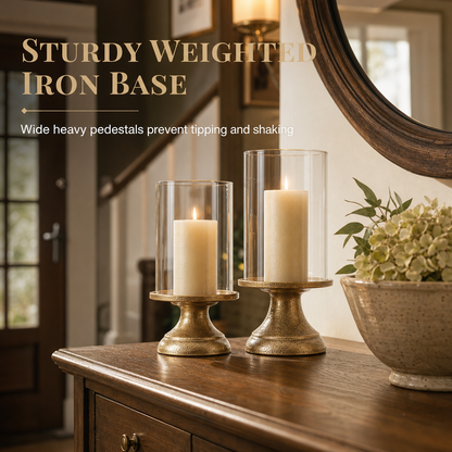 🌸 50% OFF NOW! 🌸Vintage Candlestick Set: Windproof Glass Cover, Weighted Iron Base, Gold Finish, Elegant