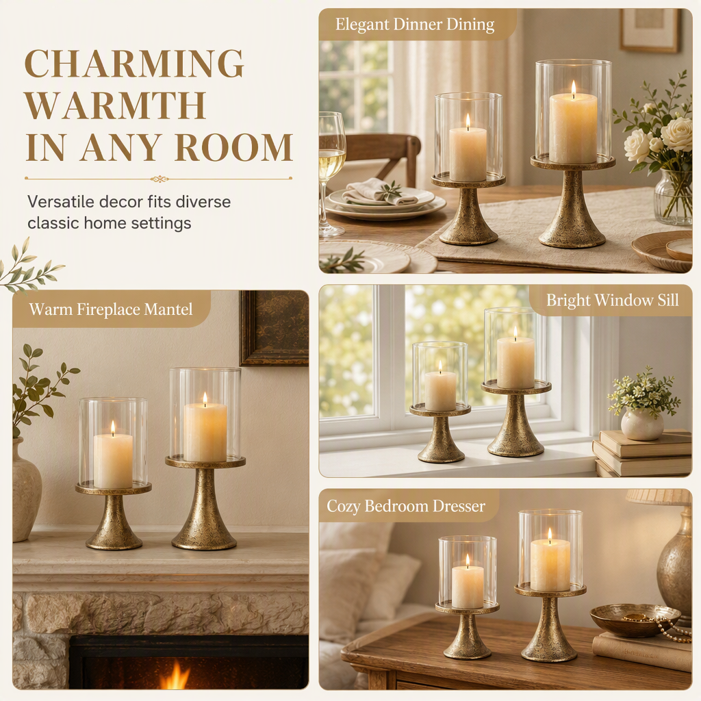 🌸 50% OFF NOW! 🌸Vintage Candlestick Set: Windproof Glass Cover, Weighted Iron Base, Gold Finish, Elegant