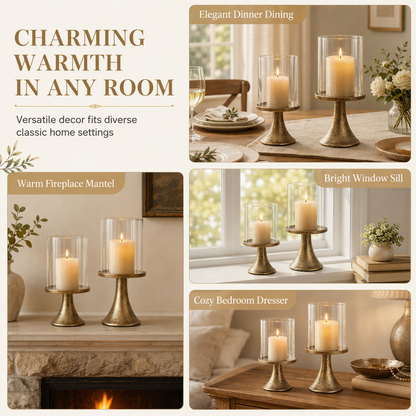 🌸 50% OFF NOW! 🌸Vintage Candlestick Set: Windproof Glass Cover, Weighted Iron Base, Gold Finish, Elegant