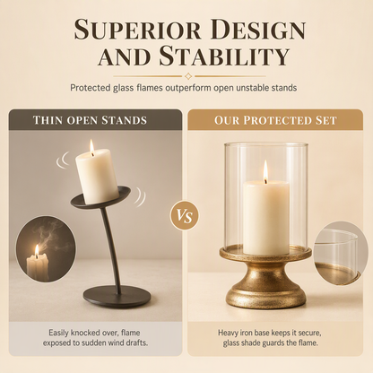 🌸 50% OFF NOW! 🌸Vintage Candlestick Set: Windproof Glass Cover, Weighted Iron Base, Gold Finish, Elegant