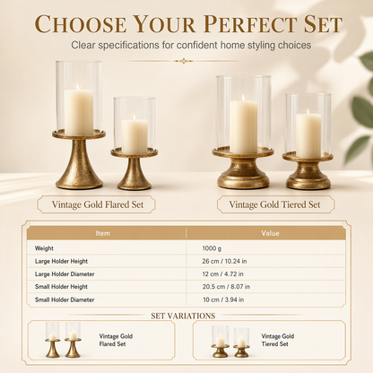 🌸 50% OFF NOW! 🌸Vintage Candlestick Set: Windproof Glass Cover, Weighted Iron Base, Gold Finish, Elegant