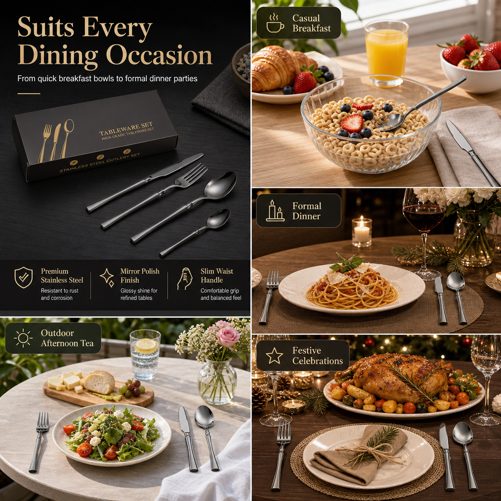 🍽️ LIMITED-TIME 50% OFF! ✨ 304 Stainless Steel Cutlery Set – Slim Elegant, Mirror Polished, Comfort Grip 🥂