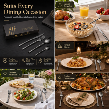 🍽️ LIMITED-TIME 50% OFF! ✨ 304 Stainless Steel Cutlery Set – Slim Elegant, Mirror Polished, Comfort Grip 🥂