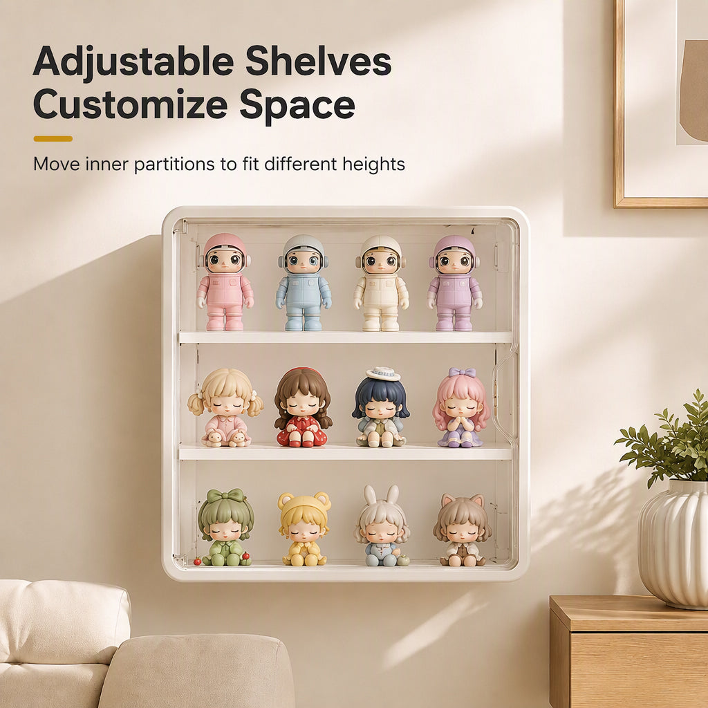 🧸 Wall-Mounted Blind Box Display Case: Clear Front, Magnetic Door, Adjustable Shelves