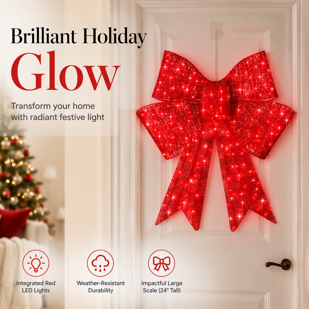 🎀 24" Pre-Lit Red Christmas Bow: LED Lights, Weatherproof, Indoor & Outdoor Decor