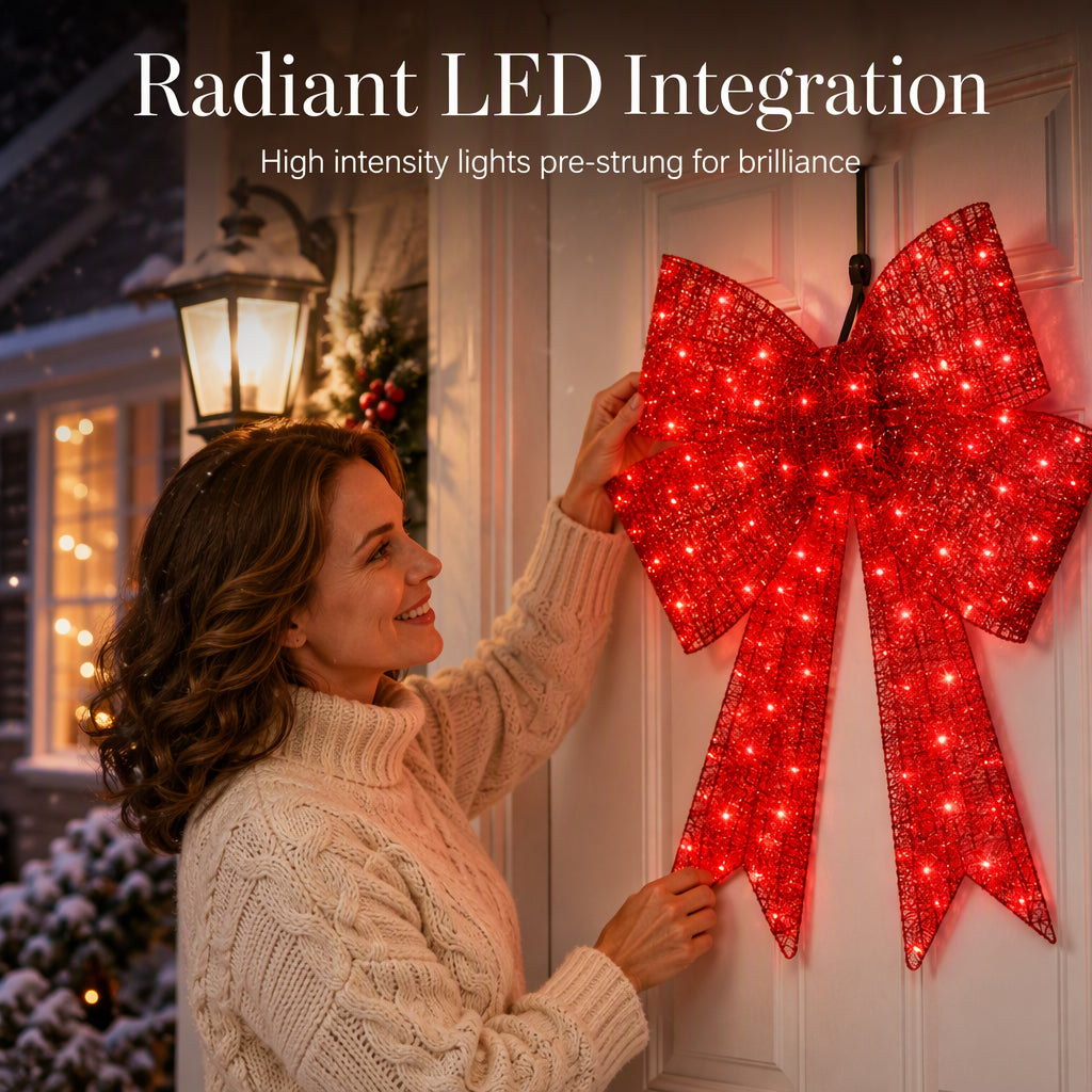 🎀 24" Pre-Lit Red Christmas Bow: LED Lights, Weatherproof, Indoor & Outdoor Decor