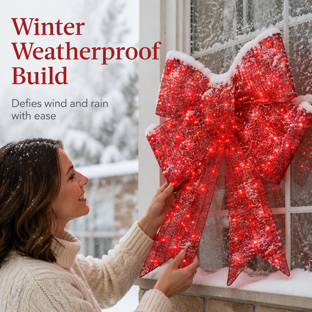 🎀 24" Pre-Lit Red Christmas Bow: LED Lights, Weatherproof, Indoor & Outdoor Decor