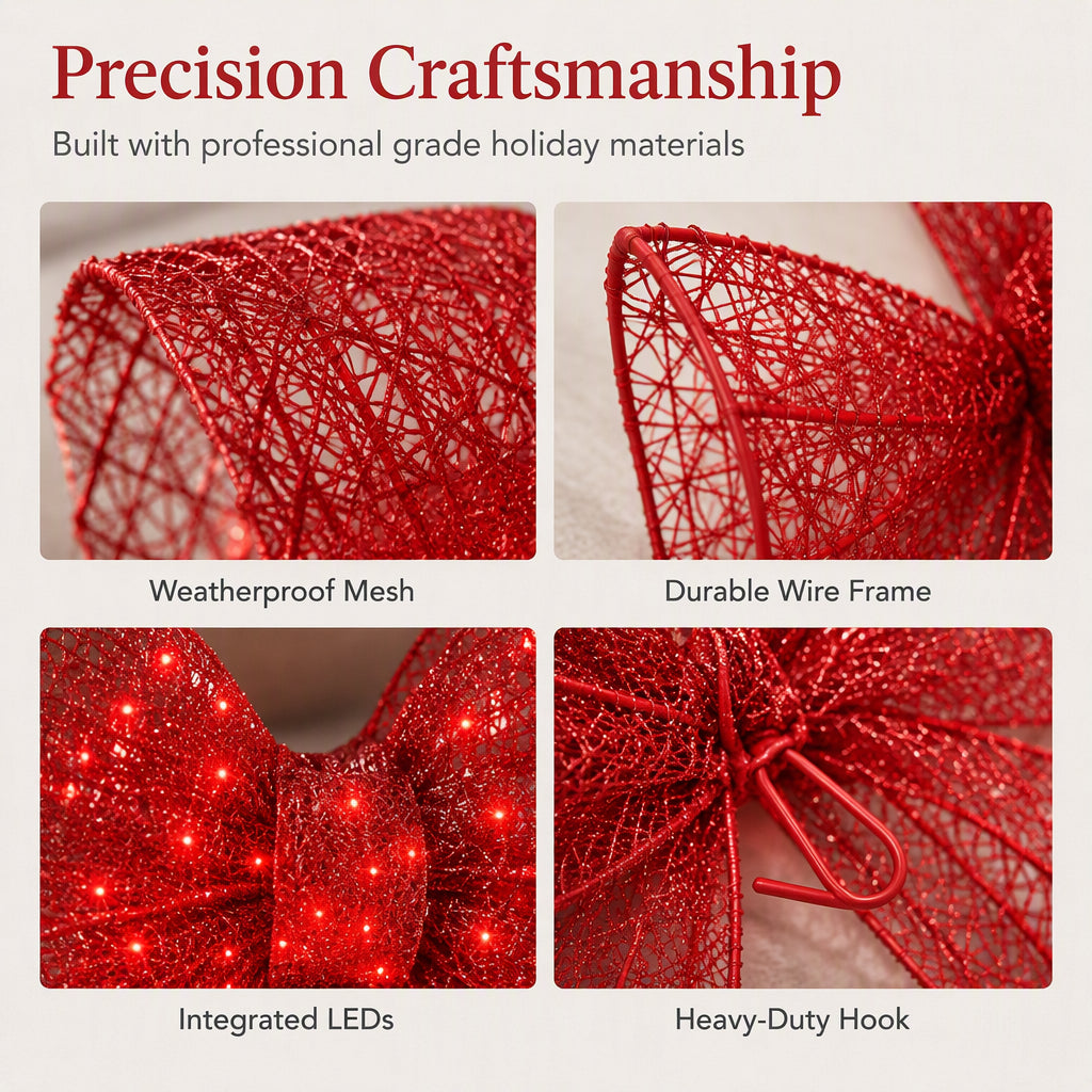 🎀 24" Pre-Lit Red Christmas Bow: LED Lights, Weatherproof, Indoor & Outdoor Decor