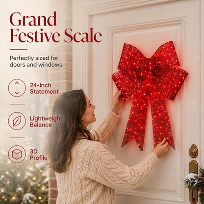 🎀 24" Pre-Lit Red Christmas Bow: LED Lights, Weatherproof, Indoor & Outdoor Decor