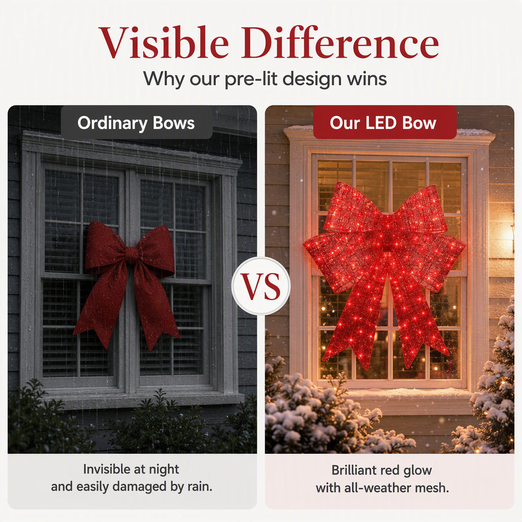 🎀 24" Pre-Lit Red Christmas Bow: LED Lights, Weatherproof, Indoor & Outdoor Decor