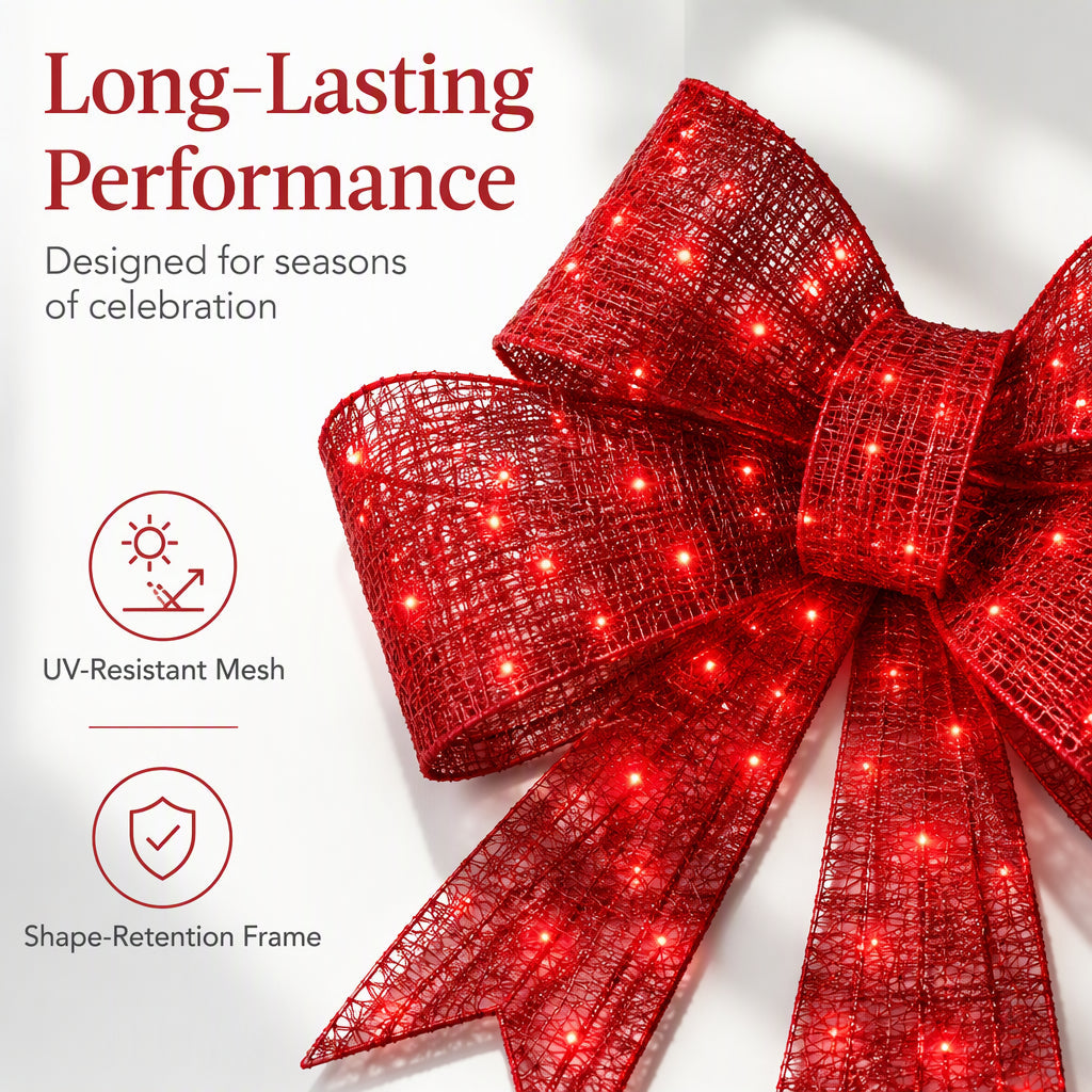 🎀 24" Pre-Lit Red Christmas Bow: LED Lights, Weatherproof, Indoor & Outdoor Decor