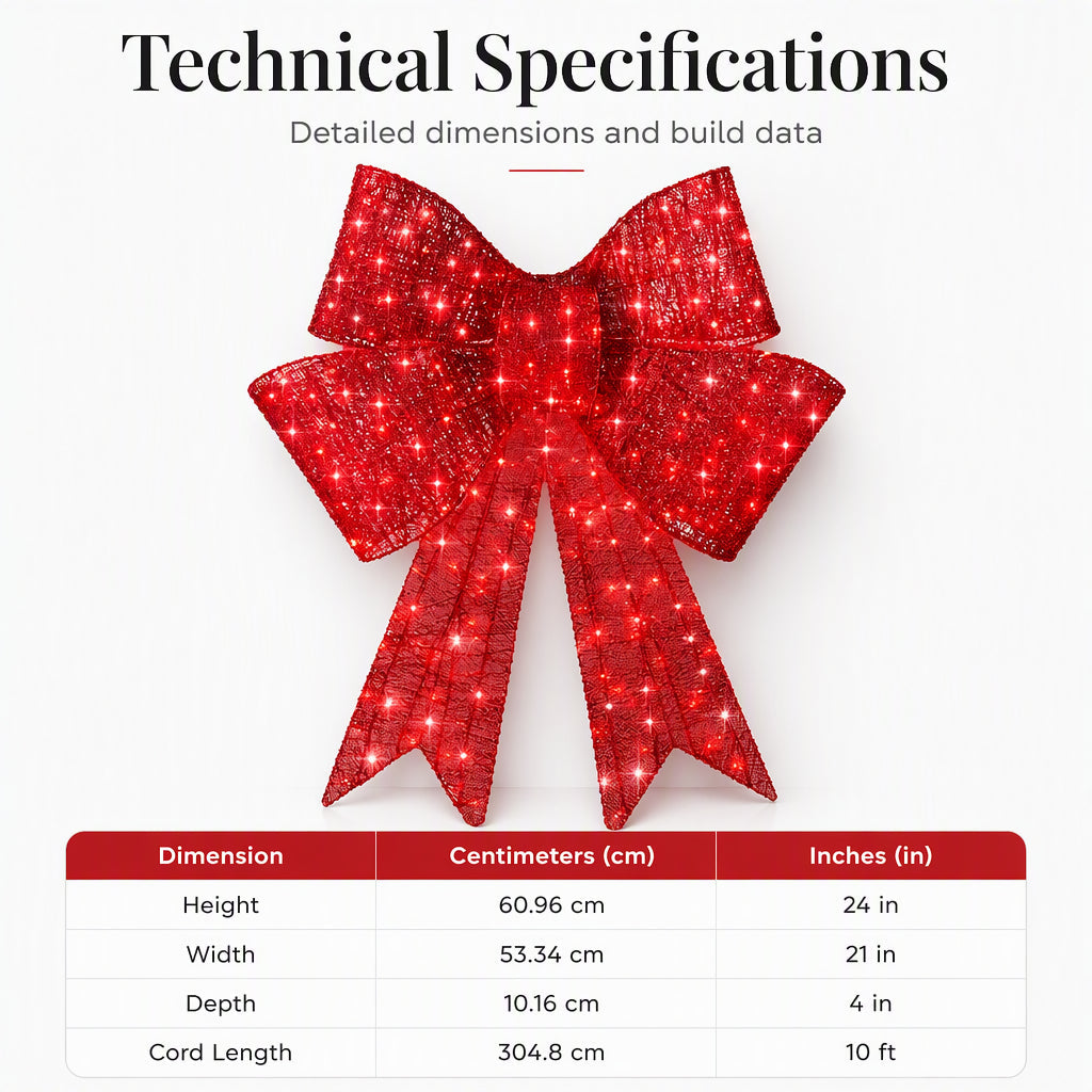 🎀 24" Pre-Lit Red Christmas Bow: LED Lights, Weatherproof, Indoor & Outdoor Decor