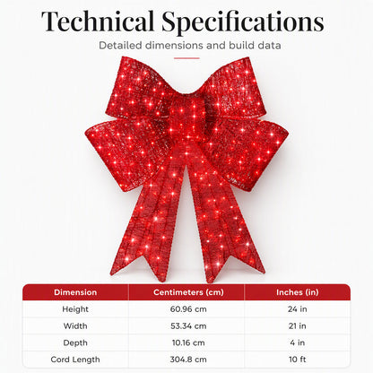 🎀 24" Pre-Lit Red Christmas Bow: LED Lights, Weatherproof, Indoor & Outdoor Decor