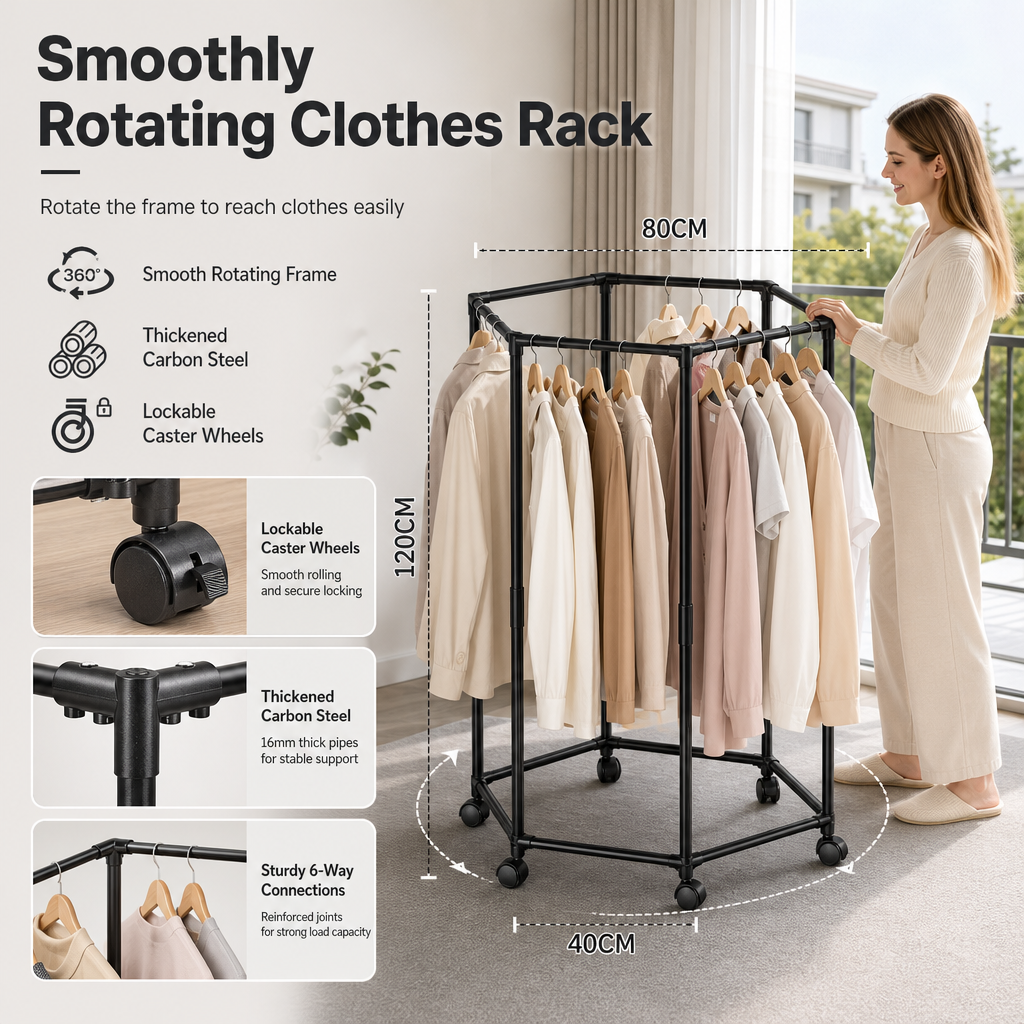 Movable 360 Degree Rotating Hexagonal Clothes Drying Rack Floor Standing Garment Hanger with Wheels for Balcony and Indoor Use
