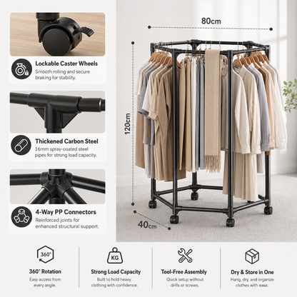 Movable 360 Degree Rotating Hexagonal Clothes Drying Rack Floor Standing Garment Hanger with Wheels for Balcony and Indoor Use