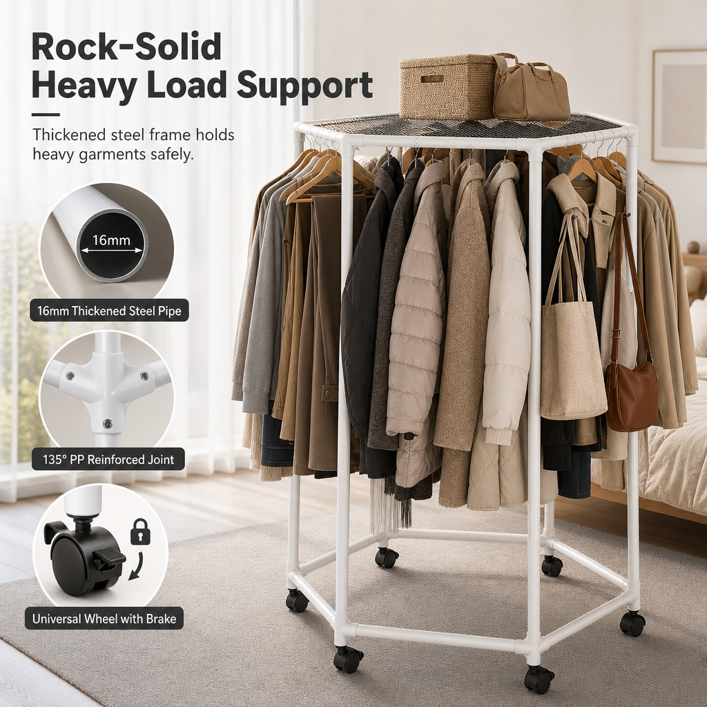 Movable 360 Degree Rotating Hexagonal Clothes Drying Rack Floor Standing Garment Hanger with Wheels for Balcony and Indoor Use
