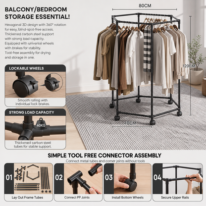 Movable 360 Degree Rotating Hexagonal Clothes Drying Rack Floor Standing Garment Hanger with Wheels for Balcony and Indoor Use