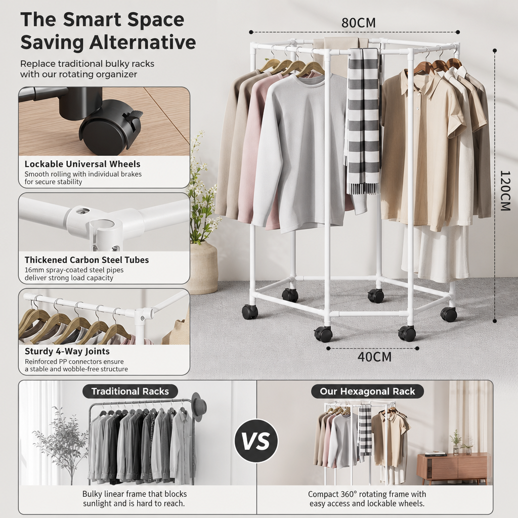 Movable 360 Degree Rotating Hexagonal Clothes Drying Rack Floor Standing Garment Hanger with Wheels for Balcony and Indoor Use