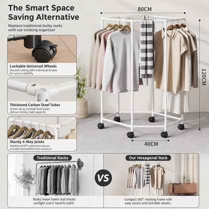 Movable 360 Degree Rotating Hexagonal Clothes Drying Rack Floor Standing Garment Hanger with Wheels for Balcony and Indoor Use