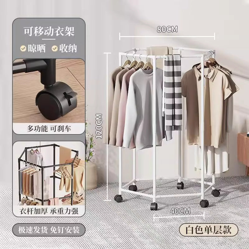 Movable 360 Degree Rotating Hexagonal Clothes Drying Rack Floor Standing Garment Hanger with Wheels for Balcony and Indoor Use
