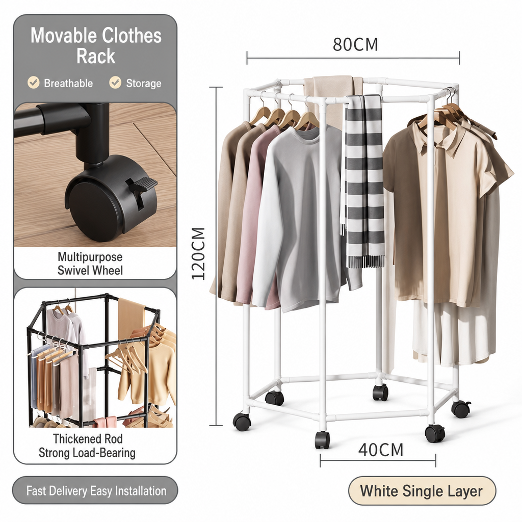 Movable 360 Degree Rotating Hexagonal Clothes Drying Rack Floor Standing Garment Hanger with Wheels for Balcony and Indoor Use