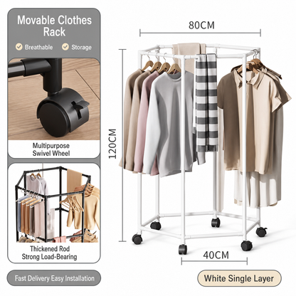 Movable 360 Degree Rotating Hexagonal Clothes Drying Rack Floor Standing Garment Hanger with Wheels for Balcony and Indoor Use