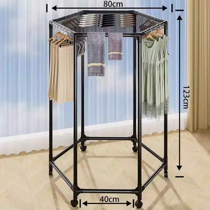 Movable 360 Degree Rotating Hexagonal Clothes Drying Rack Floor Standing Garment Hanger with Wheels for Balcony and Indoor Use